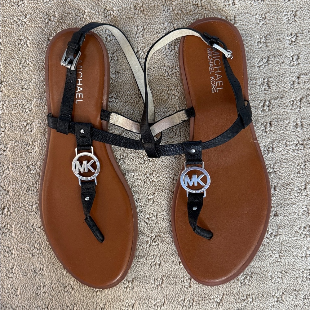 Michael Kors Black Leather Sandals with Silver Accents